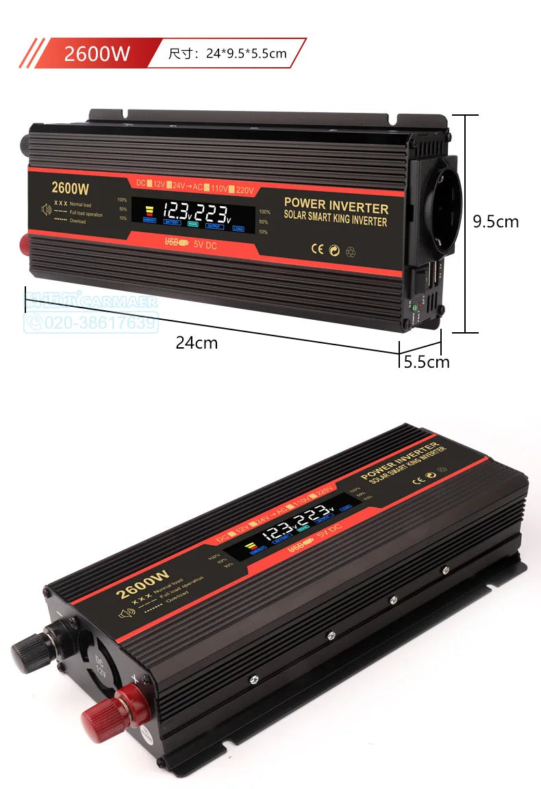 Pure Sine Wave Inverter converts DC power to AC power, compact and suitable for portable, solar, and car uses.