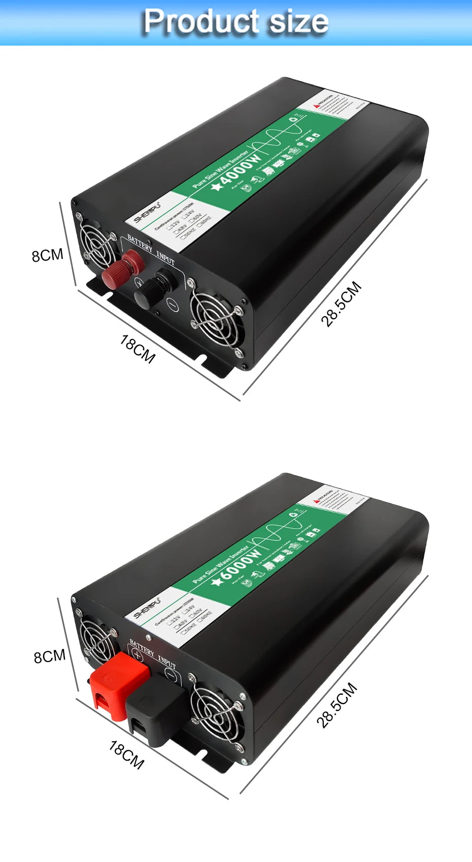 Pure sine wave inverter converts 12V DC to 220V AC power, suitable for solar-powered cars and applications.