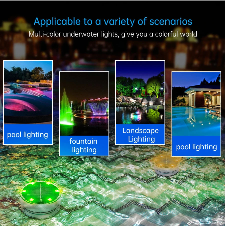 Solar LED Pool Light, Solar-powered LED light for outdoor spaces, offering color options and waterproof design for pool, fountain, patio, or aquarium use.