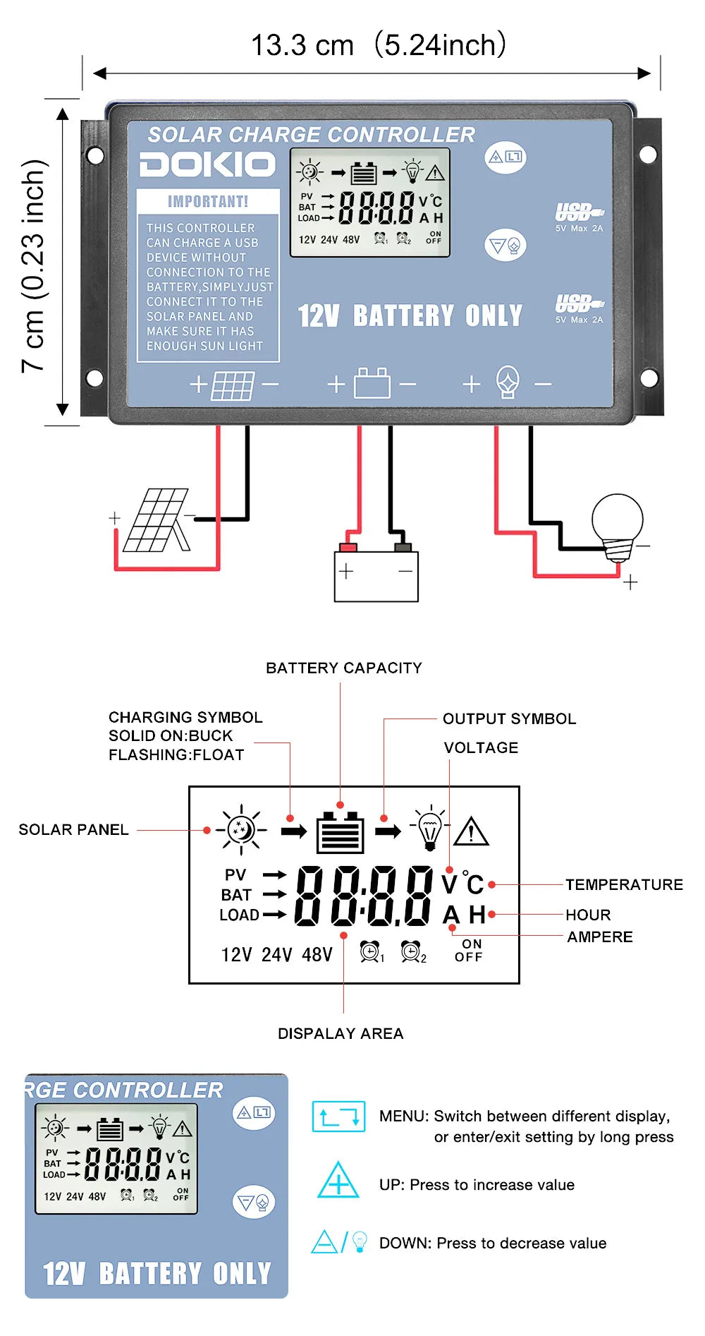 DOKIO 18V 100W 300W Portable Ffolding Solar Panel, DOKIO's solar charge controller charges devices via USB without battery connection.