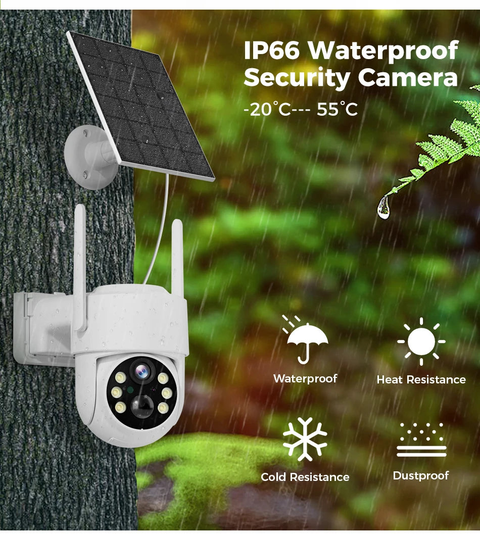 SOVMIKU WIFI Solar Camera, Outdoor-ready IP camera with water-resistance and temperature range of -20°C to 55°C.