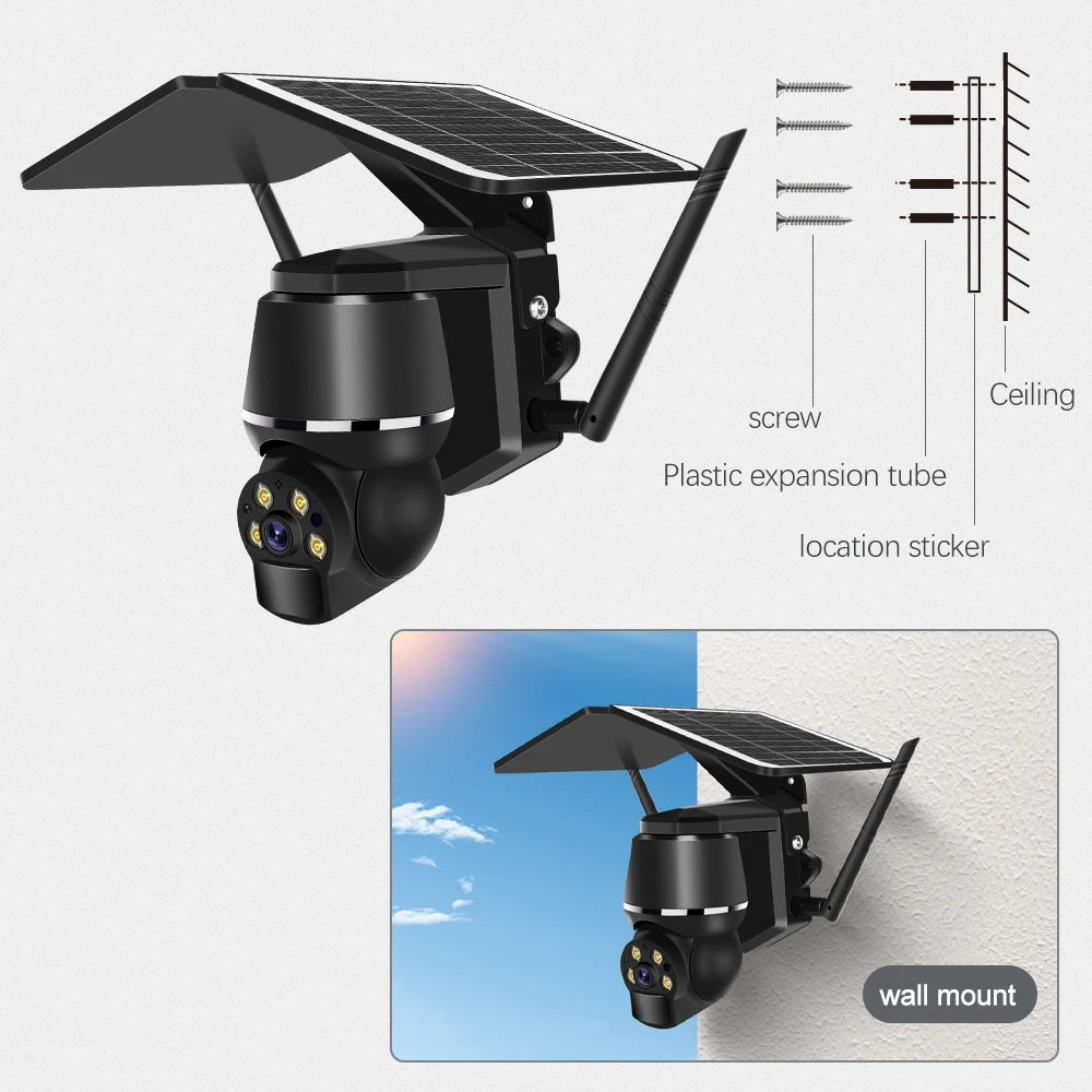 4G 5MP Outdoor Solar Panel Camara, Wall-mounting kit includes plastic expansion tube, ceiling screws, and stickers for easy installation.