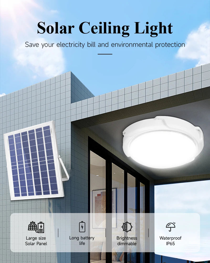 Solar light, Eco-friendly solar ceiling light with long-lasting battery, waterproof design, and adjustable brightness.