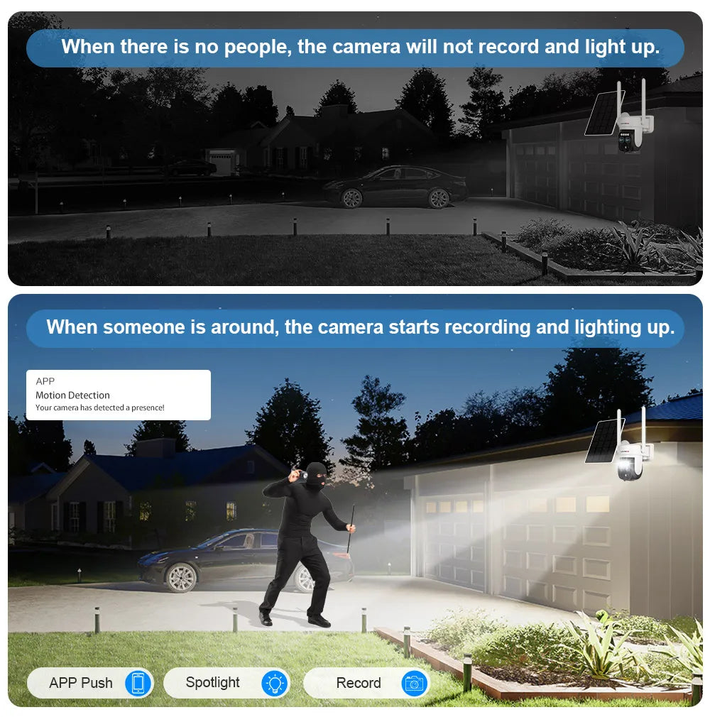 LS VISION LS-CS1 Solar Camera, Automatically records and illuminates upon motion detection; streams live feeds via app.