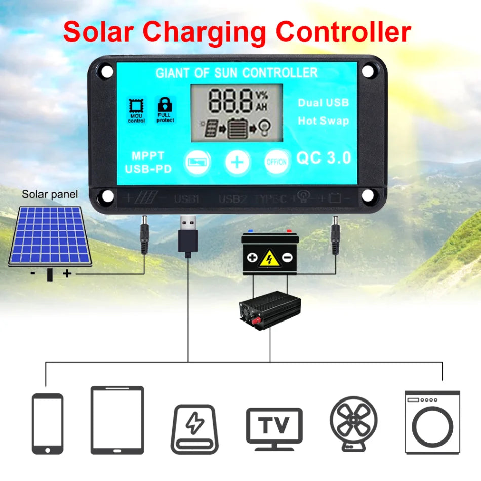 MPPT Solar Charge Controller, High-performance solar charge controller with dual USB ports, LCD display, and multiple protections for efficient charging.