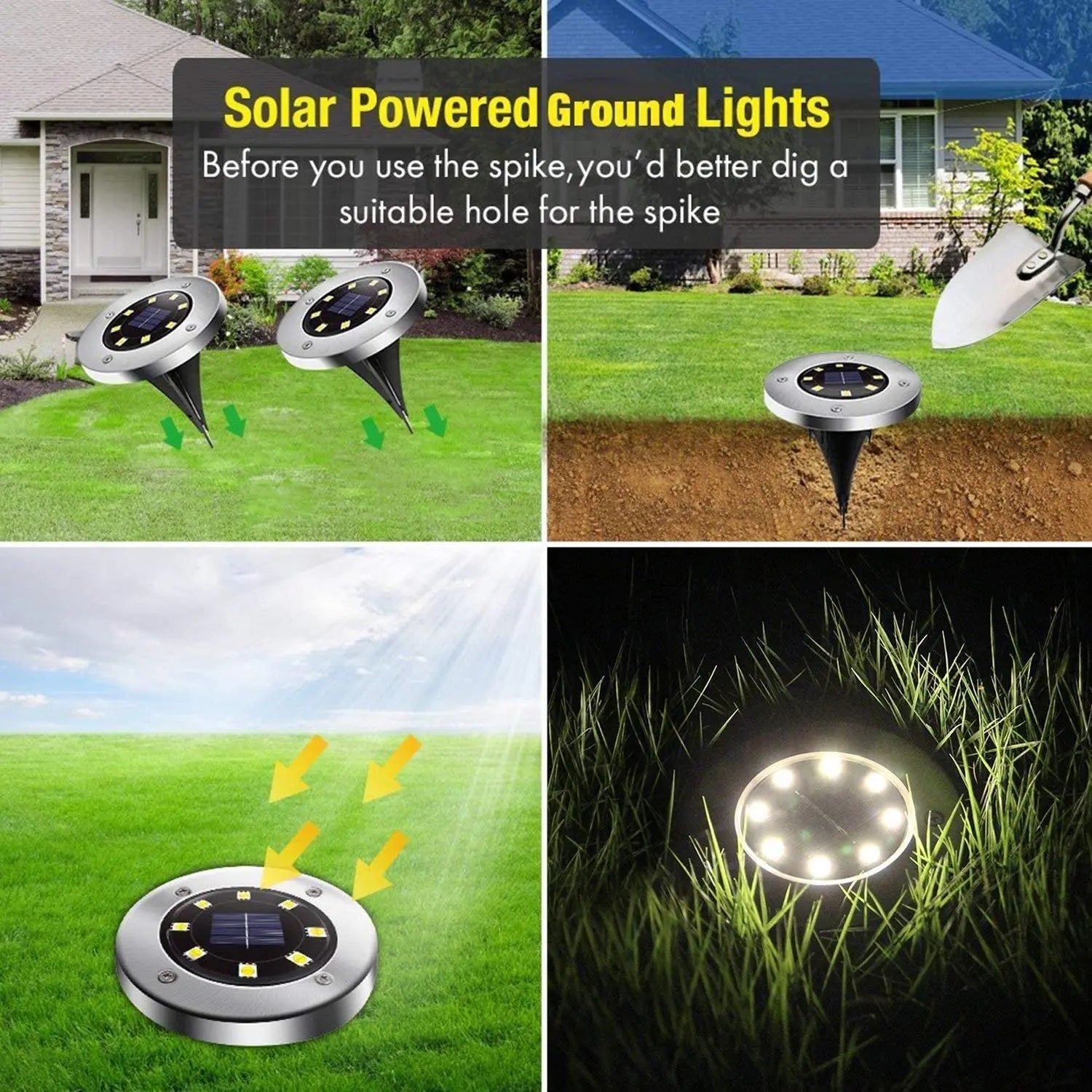 Upgraded 8/16 LED Solar lawn Light, Prepare a hole for secure placement of solar-powered ground lights with 2-pronged spike.