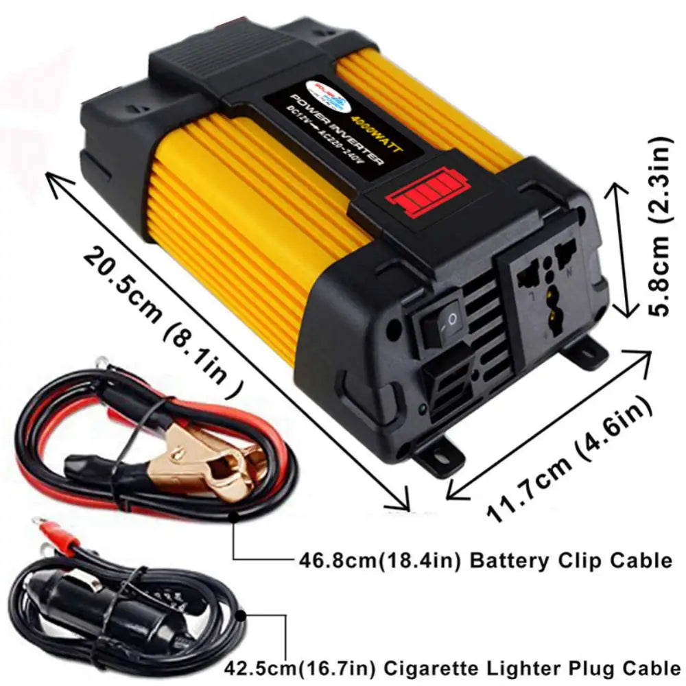 4000/6000W Solar Car Power Inverter, Product specifications: battery clip, cigarette lighter plug, and measures 11.7cm in height.