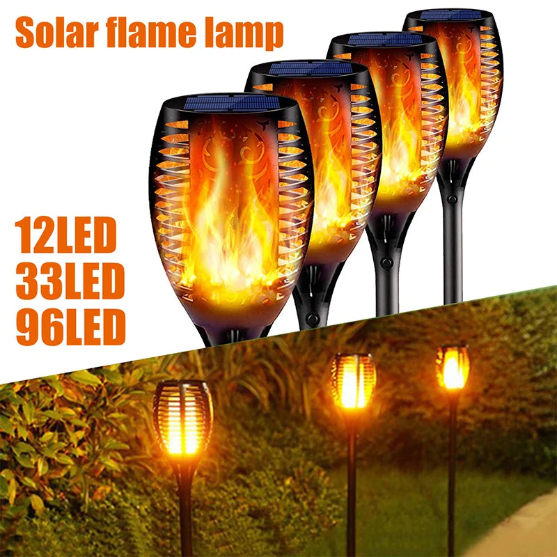 96 LED Outdoor Solar Light, Softly flickering torch light with 96 LEDs, waterproof and perfect for outdoor gardens.