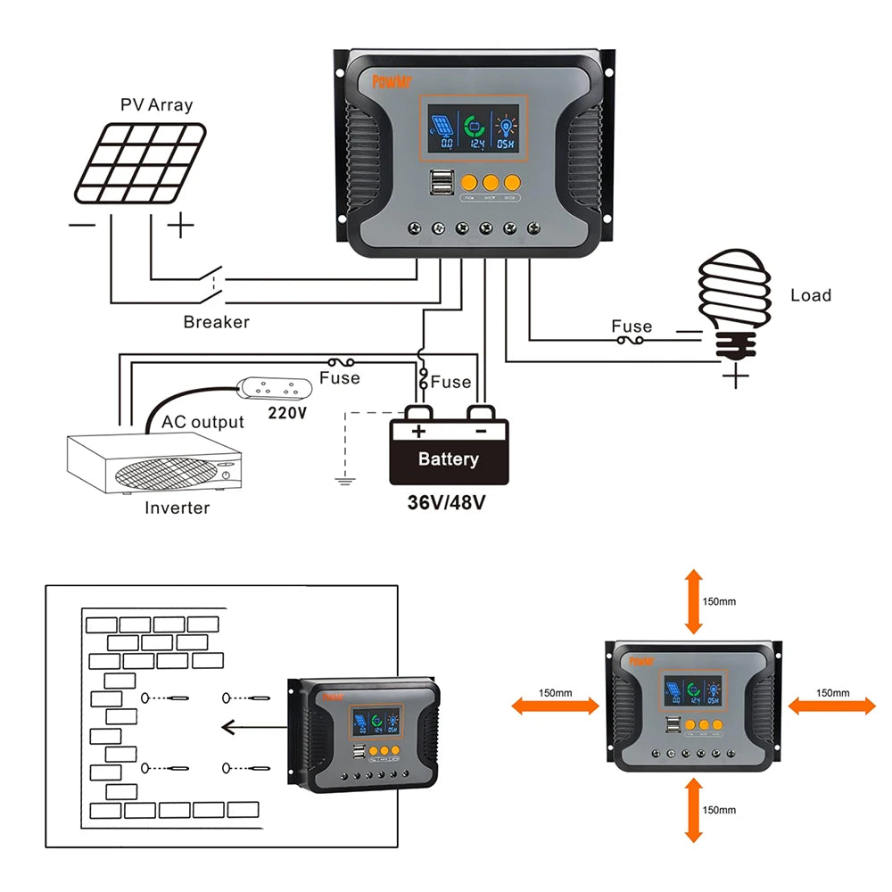 PowMr PWM 30A 60A 80A Solar Charge Controller, Solar charge controller for 12V-48V batteries with LED display and USB port, silent operation.