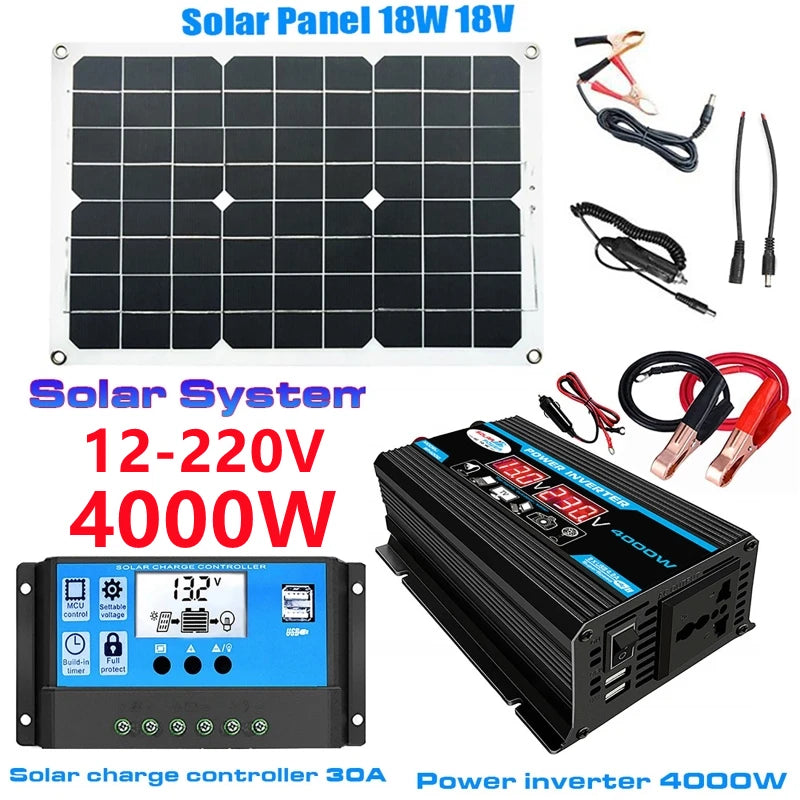 Off-grid solar system with 18V panel, controller, and 4000W inverter for 12-220V systems, featuring a smart LCD display.