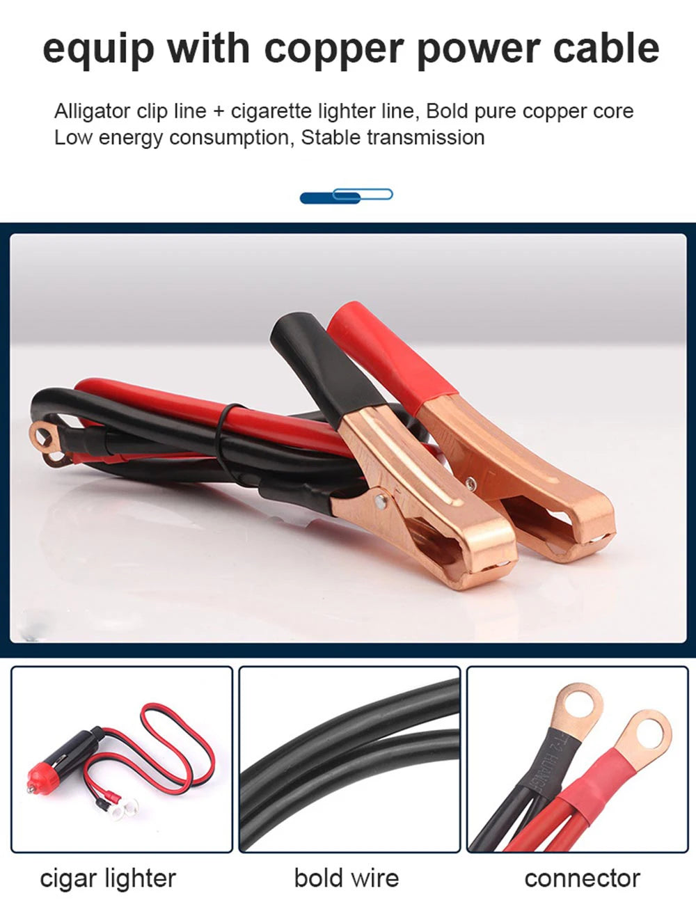 Inverter, Portable power supply with copper cables, clips, and adapters for stable energy transfer.