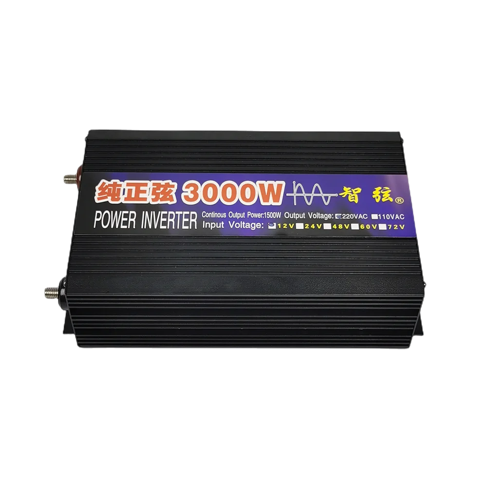 Pure sine wave inverter, DC-to-AC inverter converts 12V/24V/48V DC power to 110V/220V AC power for 1000W/1600W/3000W continuous output.