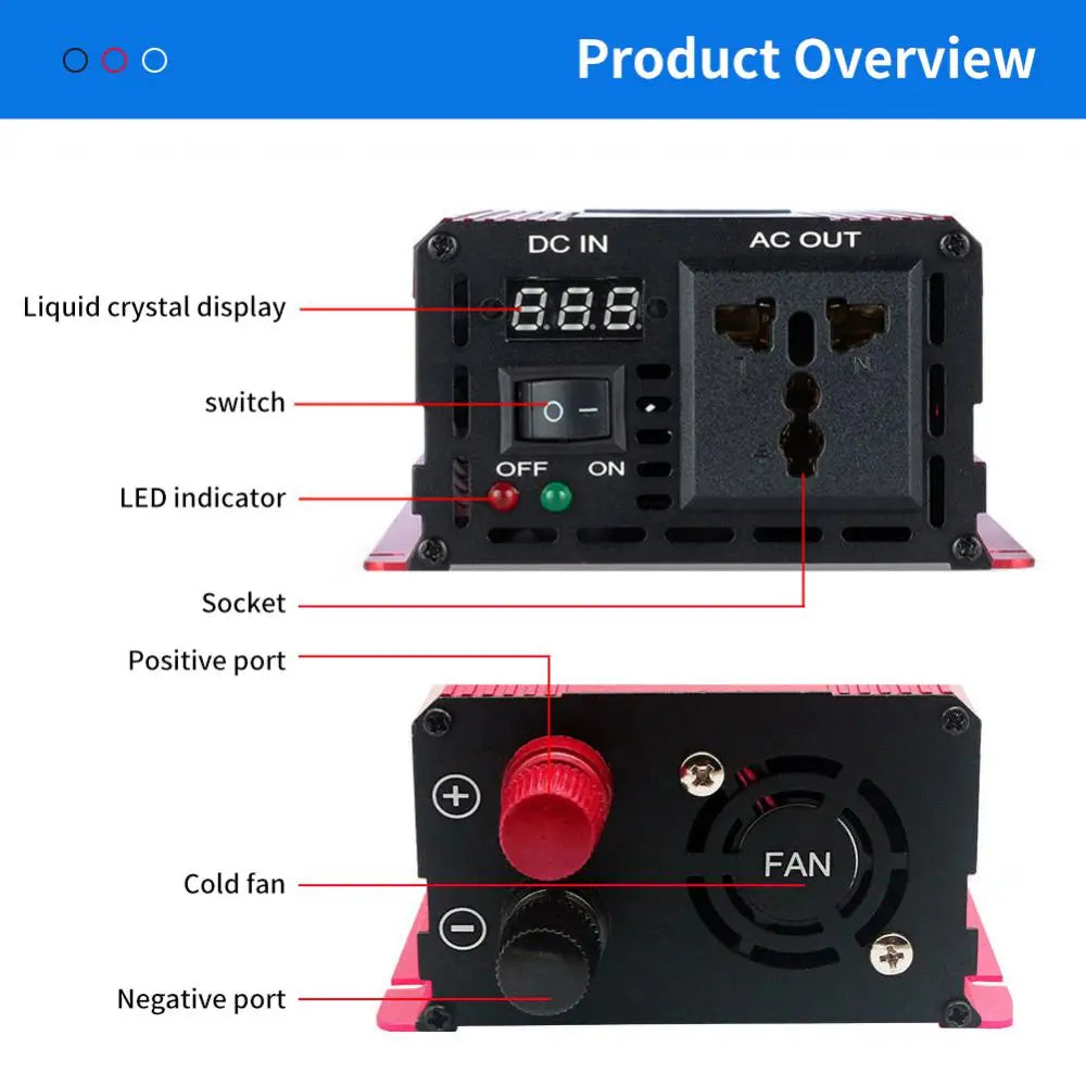 Pure sine wave inverter converts 12V DC to 110V/220V AC power, with 4 output options and LED display.