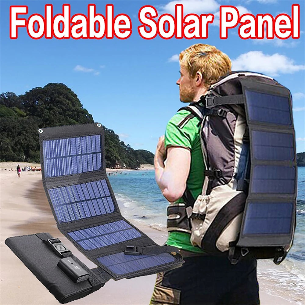 Foldable solar panel charger with polycrystalline silicon material, suitable for iPhone charging.
