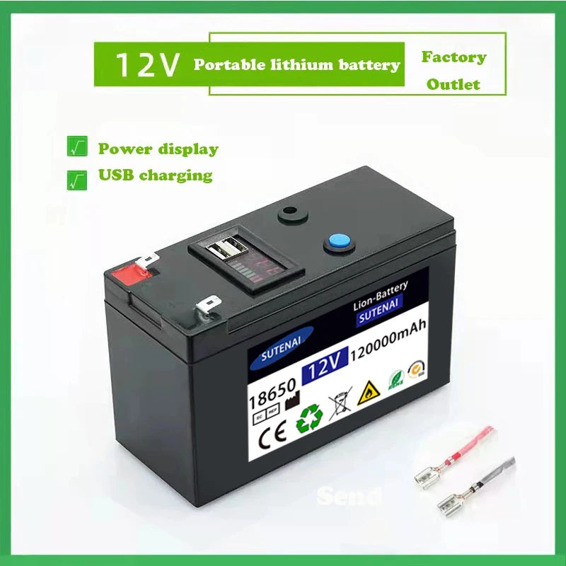 12V Battery, Rechargeable lithium battery pack with 120Ah capacity for solar energy and electric vehicles, featuring a 12.6V, 3A charger.