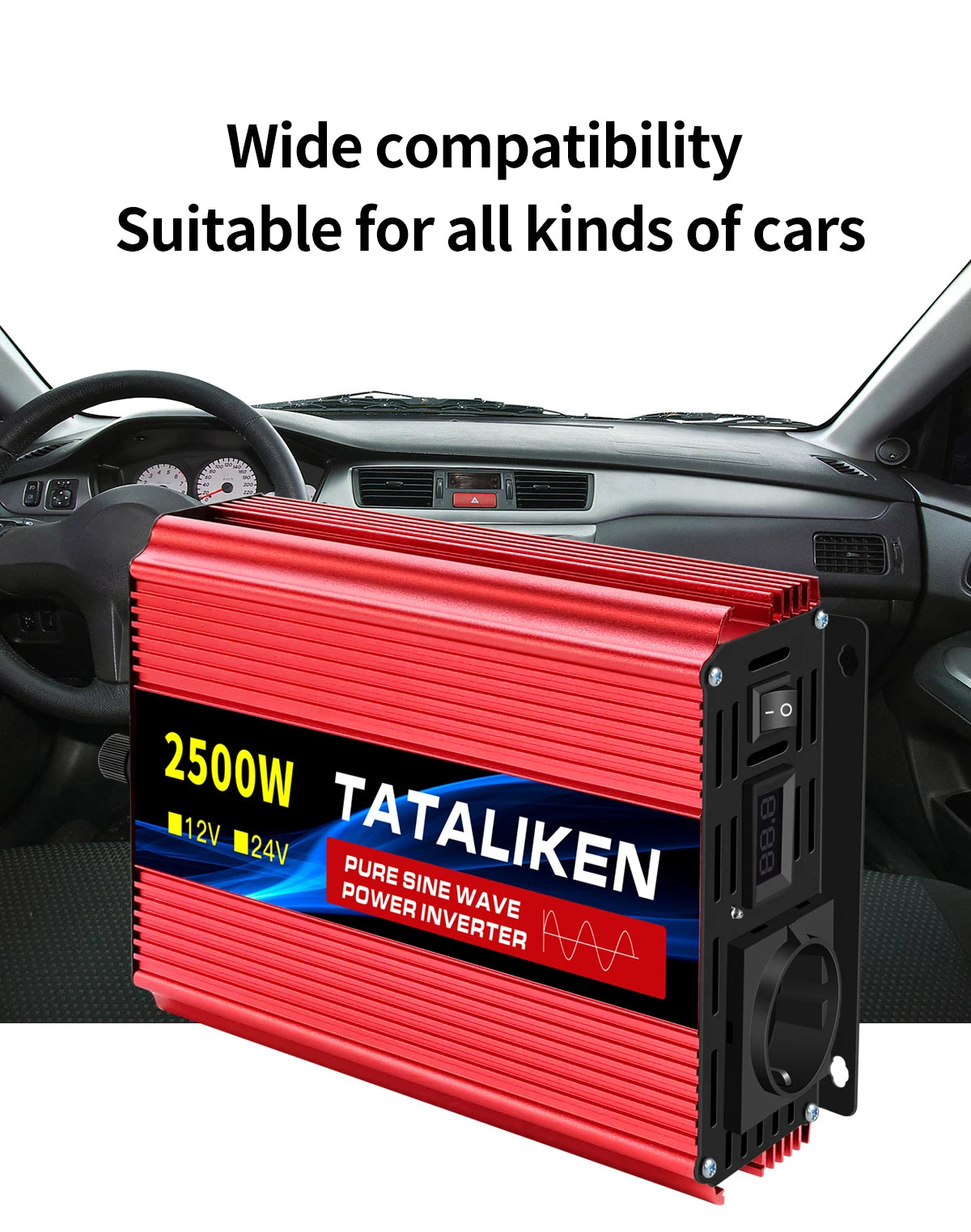 Inverter, Compatible with multiple car models, converts 12V/24V DC to 220V AC for universal use.