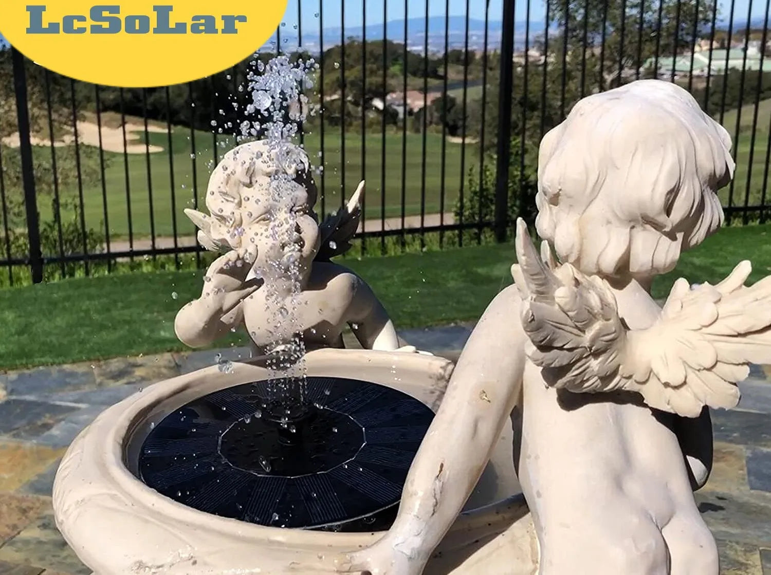 Floating Solar Fountain, Optimal performance: sunny day, at least 75°F, filled bird bath with pump underwater.