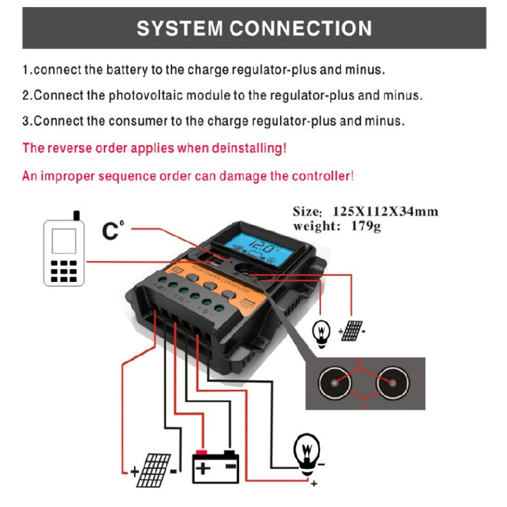 Solar Charge Controller, Assemble charge regulator by connecting battery, solar panel, and consumer in that order to ensure proper power flow.