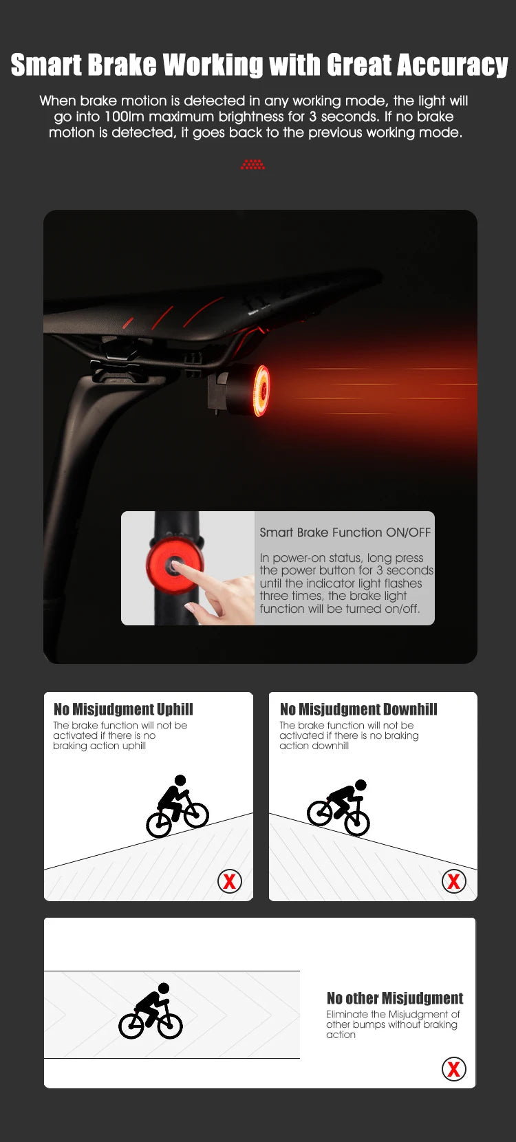 Gaciron LOOP-100 Smart Brake Bike Tail light, Smart Brake feature detects brake motion, flashing bright if no brakes applied.