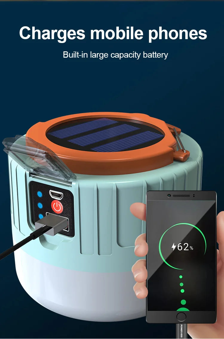 Solar LED Camping Light, Portable power source for recharging devices on-the-go.