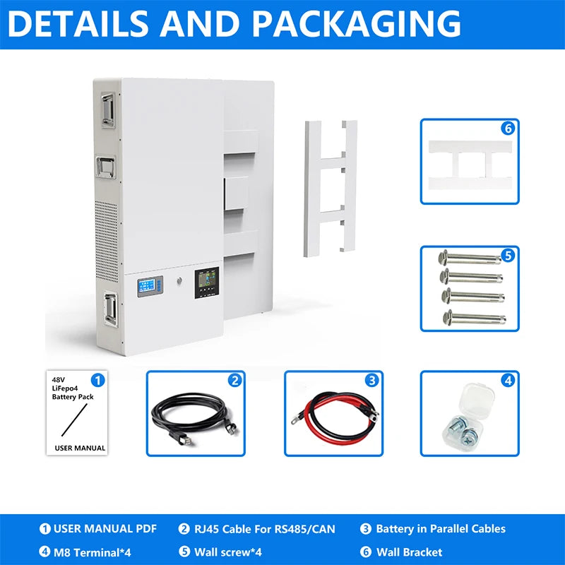 48V Powerwall LiFePO4 51.2V 100Ah 200Ah Battery, Product kit includes manual, instructions, and accessories (cable, terminals, bracket) for use with RS48S/ CAN systems.