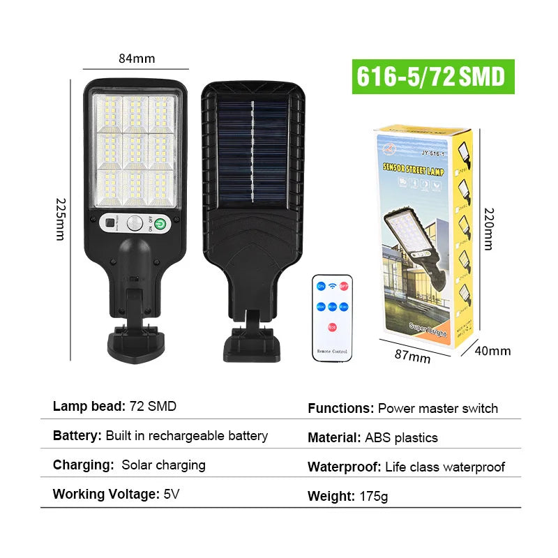 Solar Street Light, LED lamp with 3 modes, rechargeable battery, and solar charging, waterproof and compact.