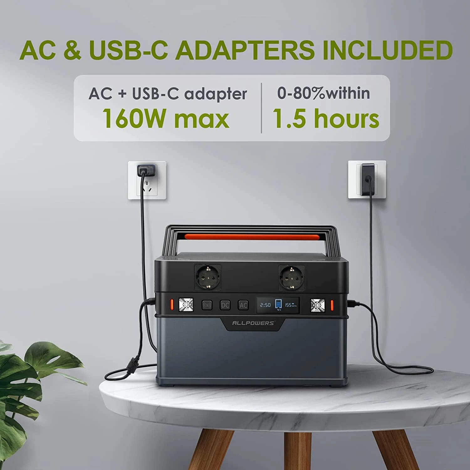 Solar-powered charger with AC and USB-C adapters, 800W max output, recharges in under 1.5 hours.