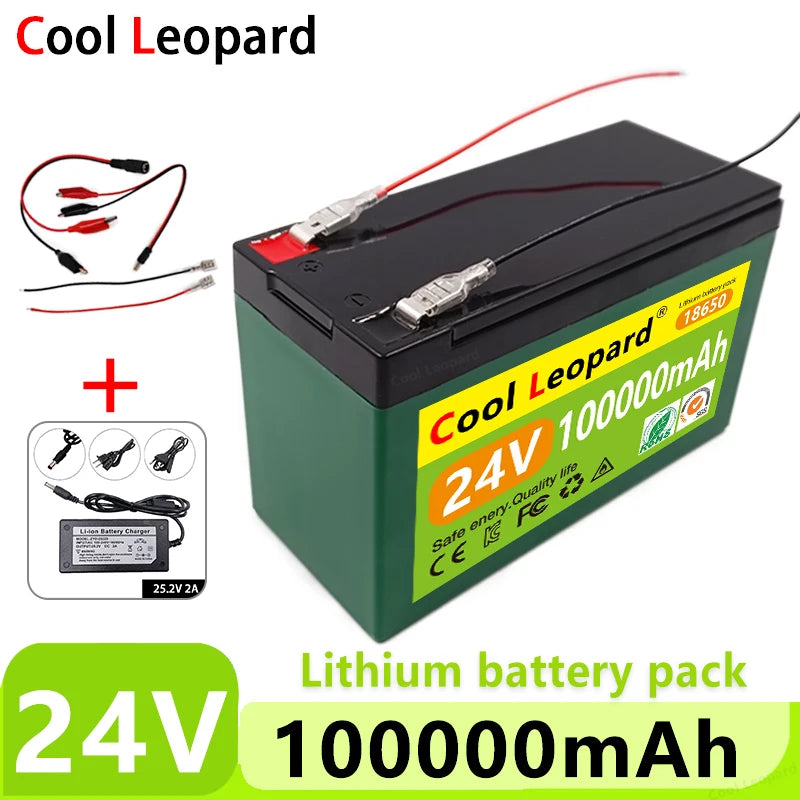 Cool Leopard NEW 24V 100AH 18650 Lithium Battery, Lithium battery with BMS for various applications, including inverters, lights, and e-mobility.