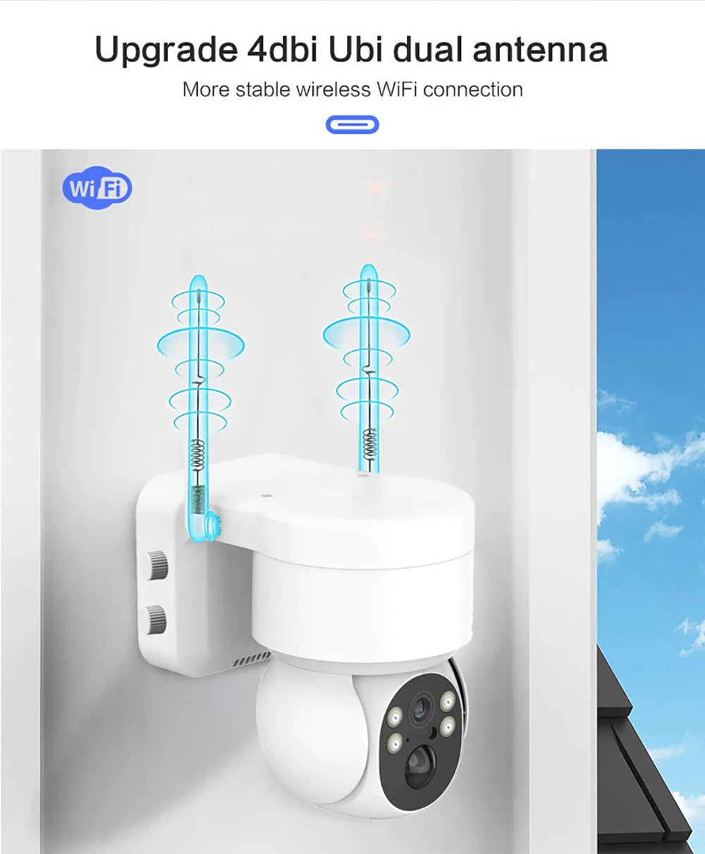 Solar PTZ Camera, Stable WiFi connection ensured through enhanced 4D Bi dual-antenna design for reliable wireless transmission.