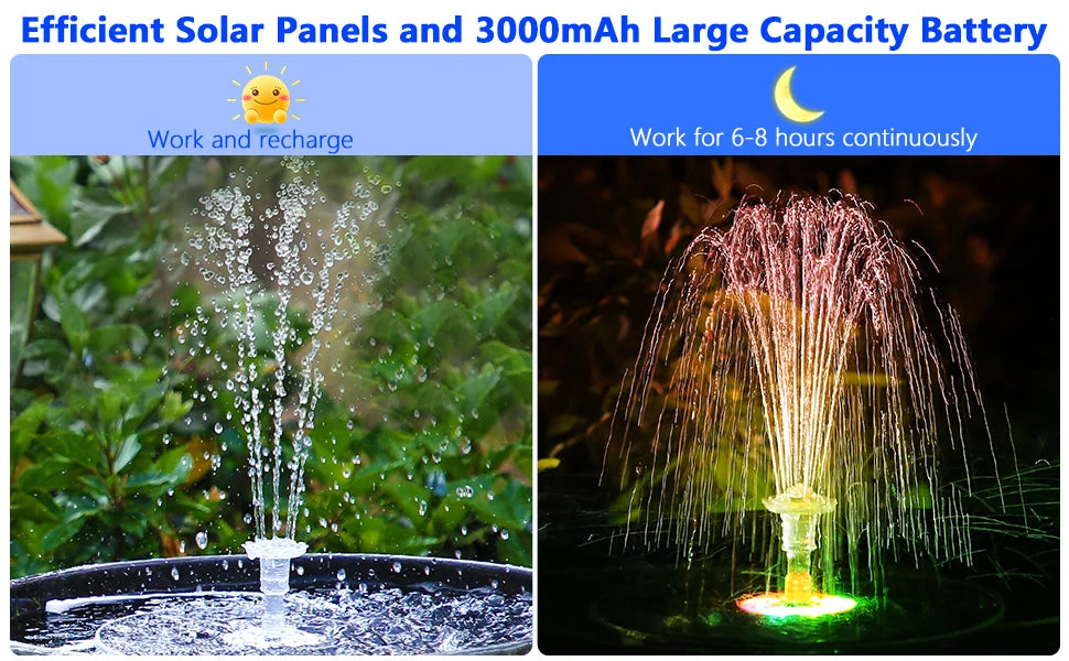 AISITIN 5.5W LED Solar Fountain, Solar-powered fountain runs continuously for 6-8 hours with rechargeable 3000mAh battery.