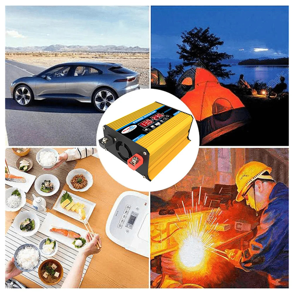 4000W Peak Solar Car Power Inverter, Power conversion kit with inverter, clips, adapter, and instructions for DC to AC conversions.
