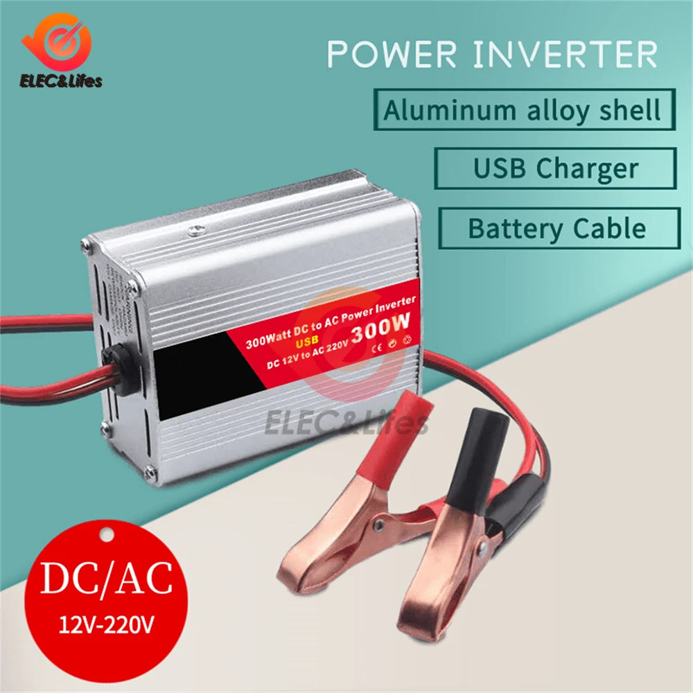 300W Car Power Inverter, Car power inverter converts 12V DC to 220V AC with aluminum shell and USB port.