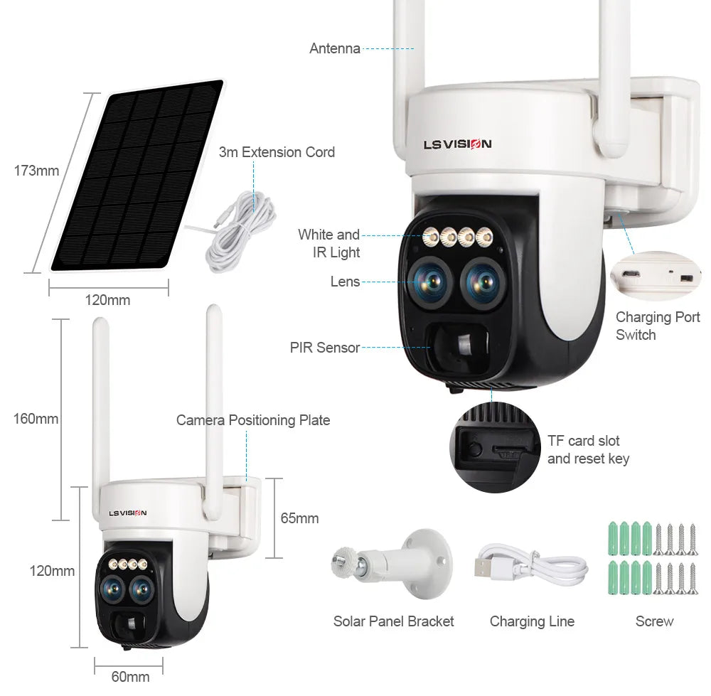 LS VISION LS-CS1 Solar Camera, Solar-powered outdoor security camera with 2K resolution, dual lenses, and night vision capabilities.