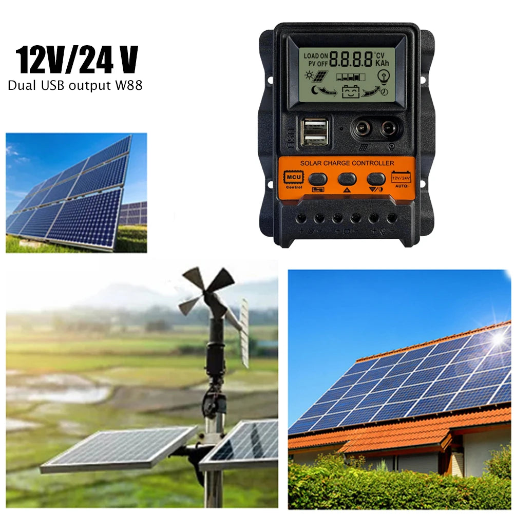 Dual USB LCD Solar Charge Controller, Solar charge controller with auto-control and MCU for 12V or 24V panels, outputs dual USB ports.
