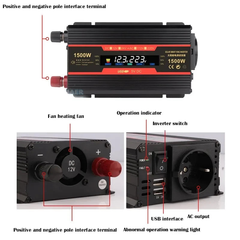 Pure Sine Wave Inverter, Inverter features 24V DC input, 1500W output, and LED indicators for easy monitoring.