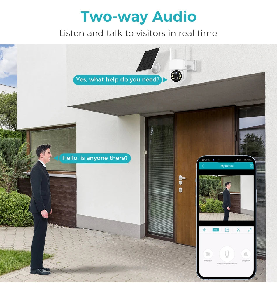 SOVMIKU WIFI Solar Camera, Real-time two-way audio for seamless communication with visitors.