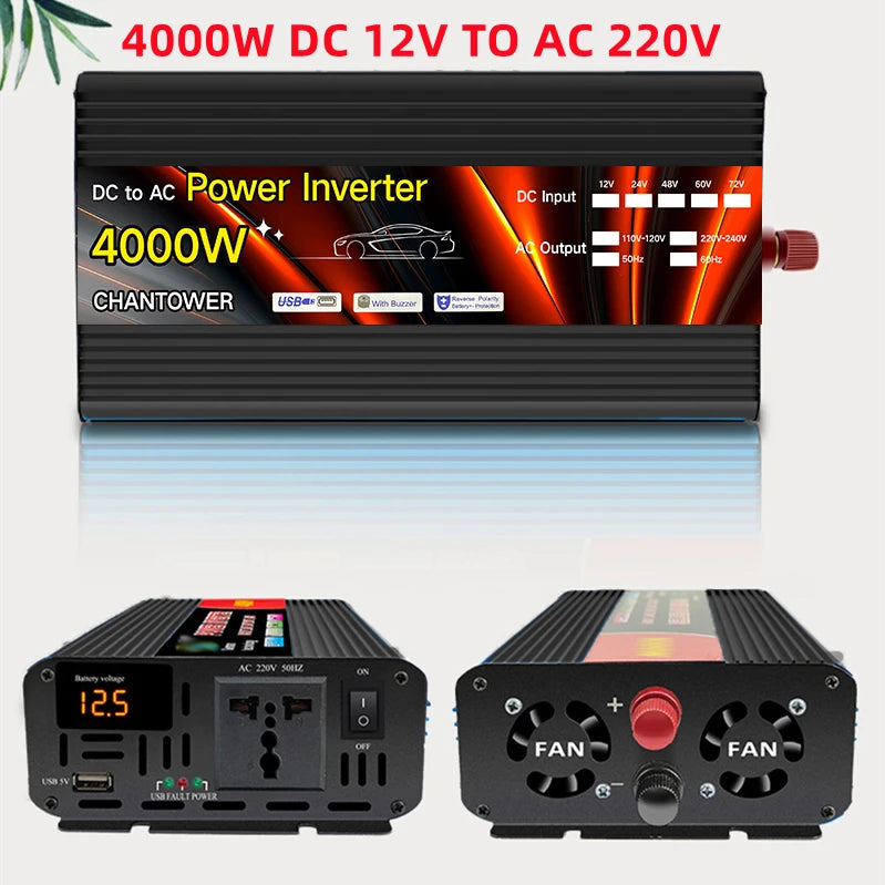 Solar Inverter, Inverter specifications: power levels, output voltage, input voltage, frequency, and socket type.