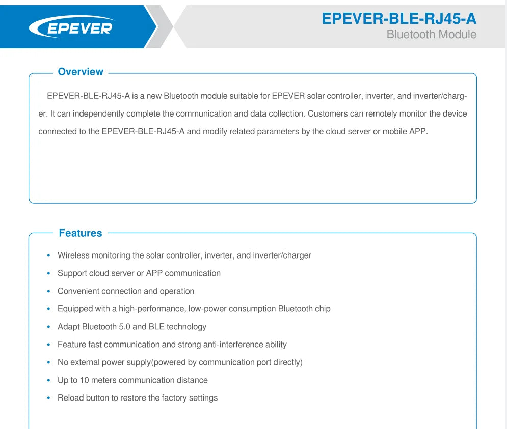 EPEVER Bluetooth module for solar controllers/inverters: enable remote monitoring and control via cloud servers or mobile apps.