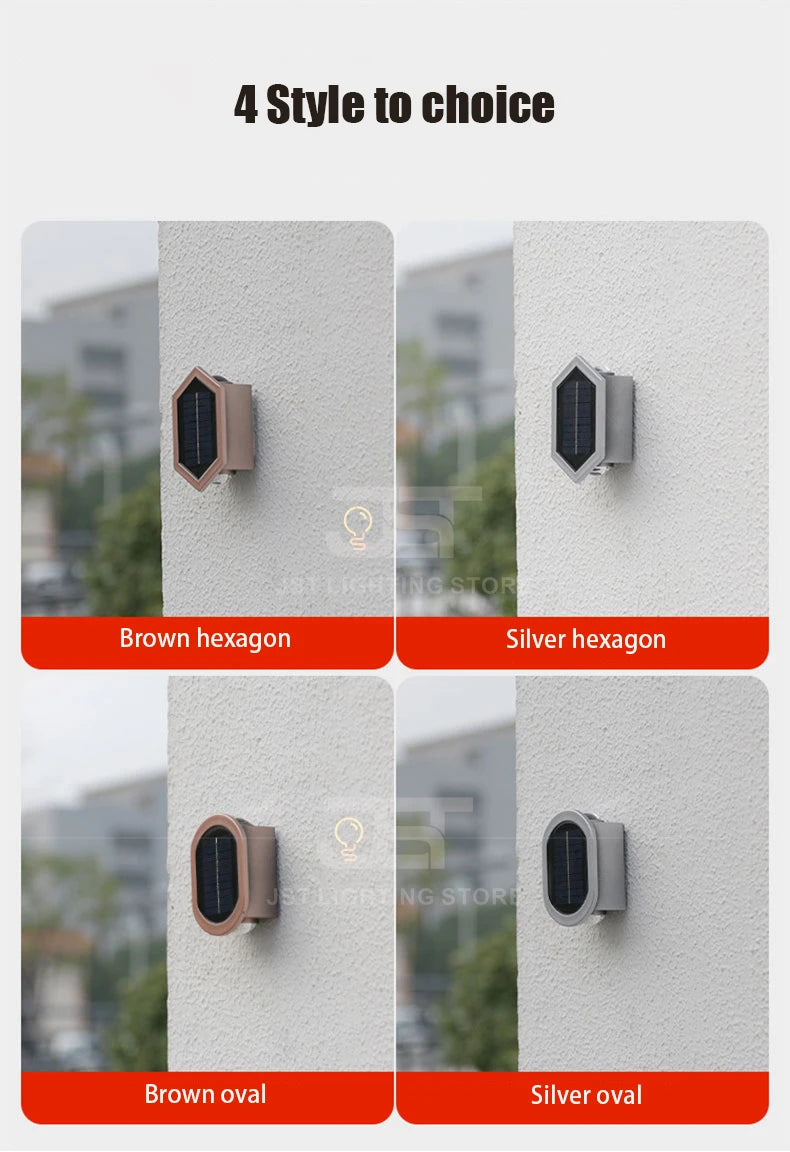 Strong Brightness Solar LED Wall Light, Choose from 4 styles: Brown or Silver hexagon and oval options for your outdoor solar LED wall light.