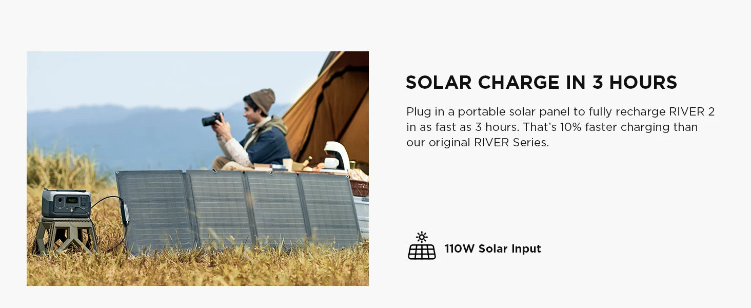 Recharge in 3 hours with portable solar panel, 10% faster than previous model.