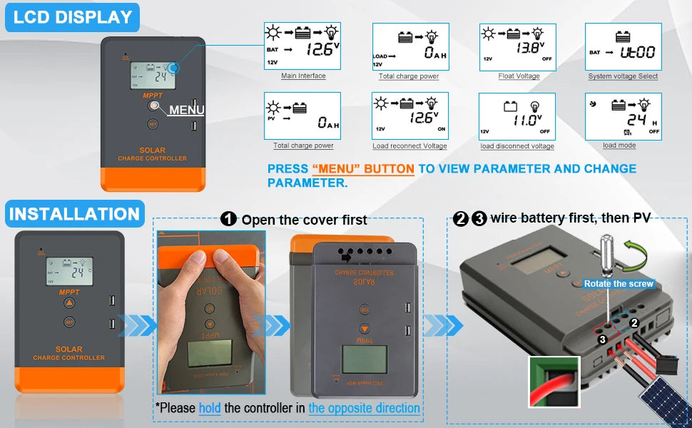 MPPT Solar Charge Controller with LCD display shows voltage, current, and temperature.