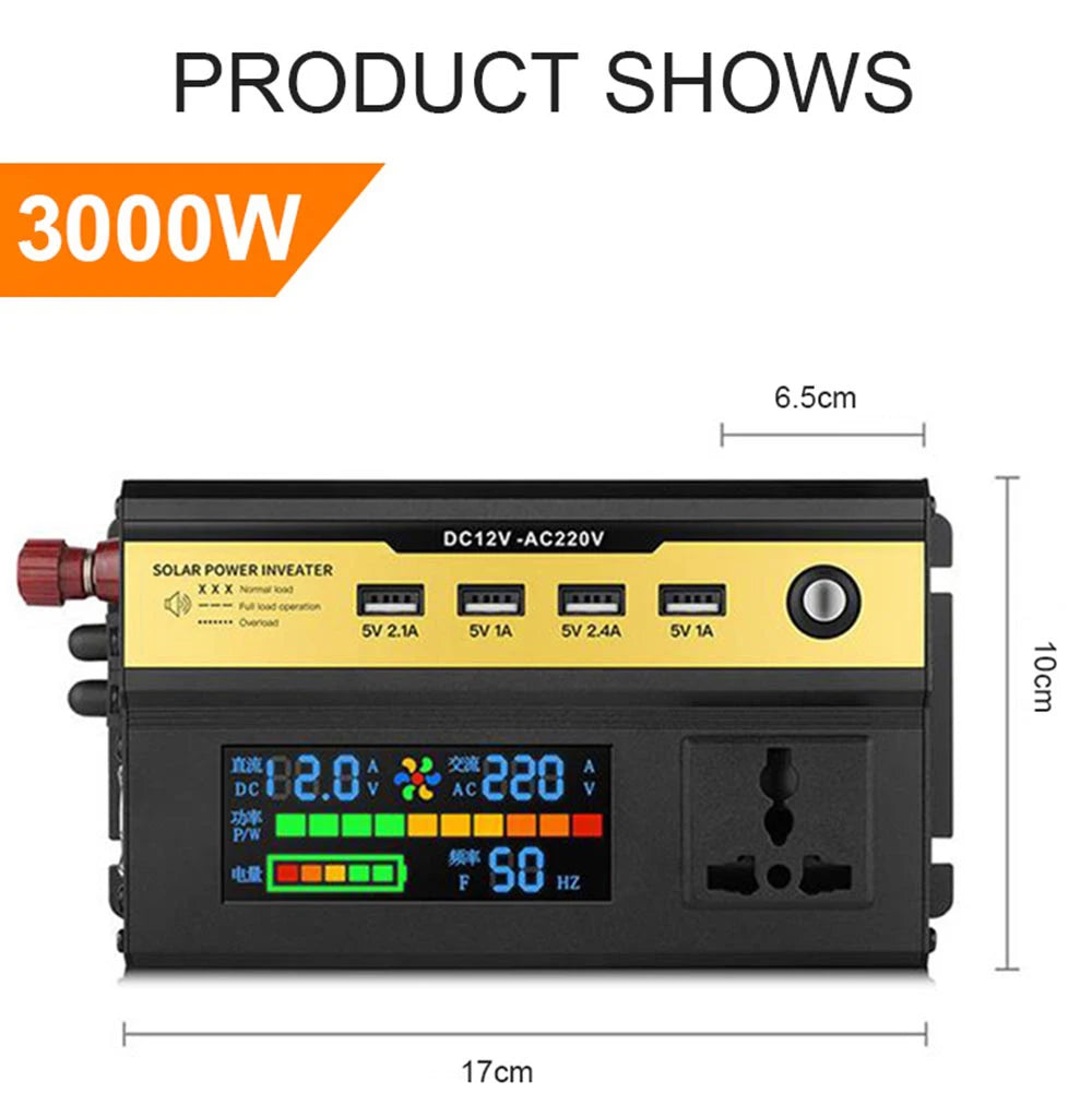 DC/AC Inverter with pure sine wave output, adjustable power, and multiple safety features.
