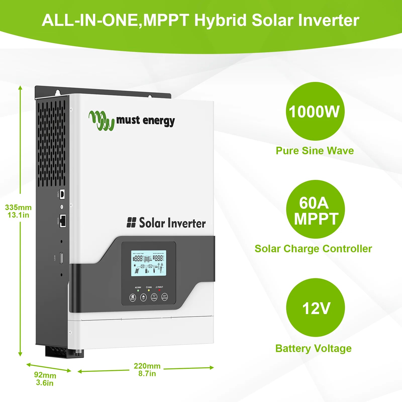 Compact hybrid inverter for solar power systems, measuring 13.1 inches long, supports up to 1000W.