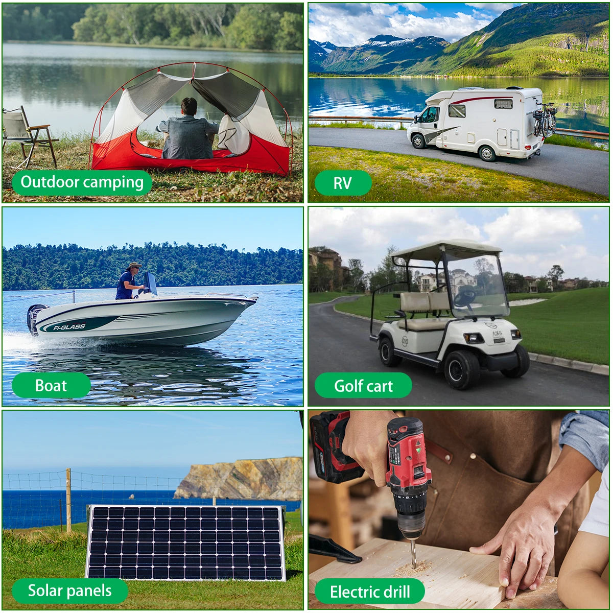 24V 200AH LiFePO4 Battery, Outdoor use: camping, RVs, boats, golf carts, and solar-powered systems.