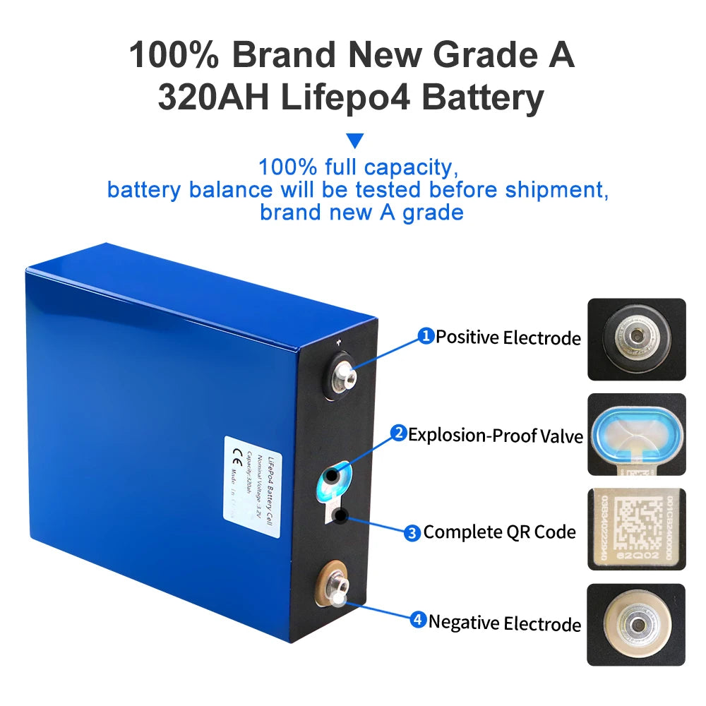 320AH Lifepo4 Battery, High-quality Grade A LiFePO4 battery with full capacity, balanced cells for optimal performance and reliable usage.