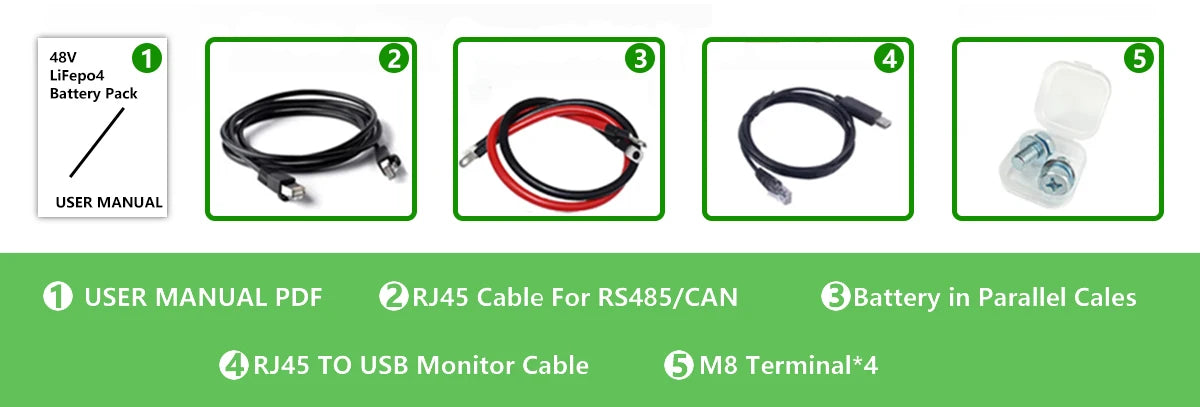 LiFePO4 48V 230Ah 200Ah 100Ah Battery, User manual for 48V LiFePO4 battery pack with communication cables and parallel connection compatibility.