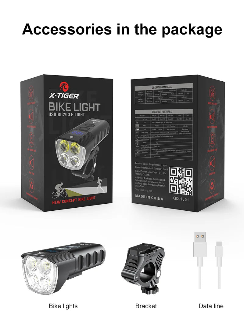 X-TIGER QD-1301 Front Light, USB rechargeable LED flashlights with 2400 lumens and 6400mAh battery for bike lighting.