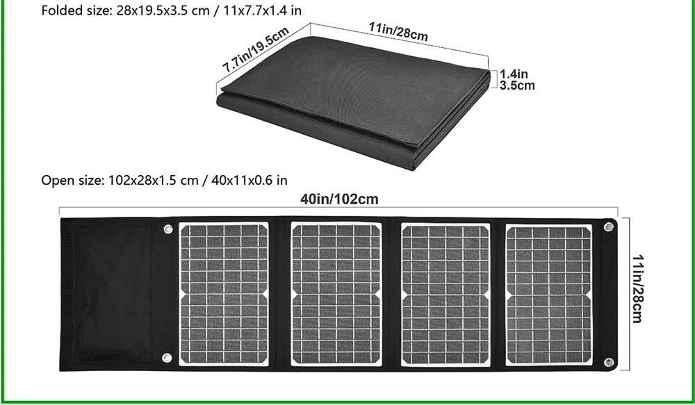 Solar panel specifications: 40x11 inches, 24W output, USB-A and Type-C ports.