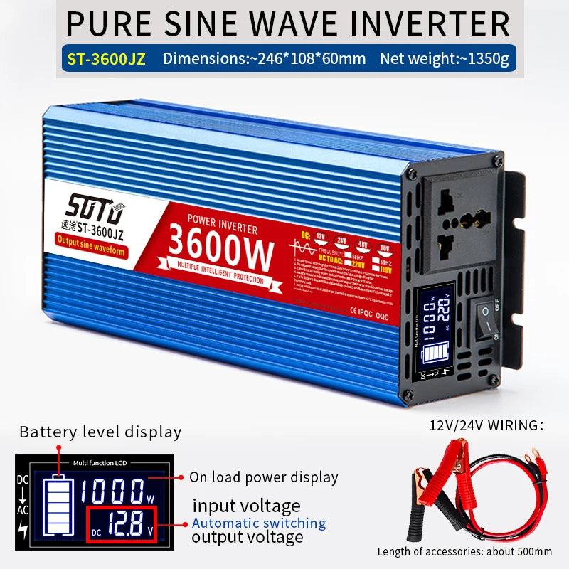 Pure Sine Waveform Universal Inverter, Compact sine wave inverter for 12V/24V systems, featuring LCD display and automatic output voltage switching.