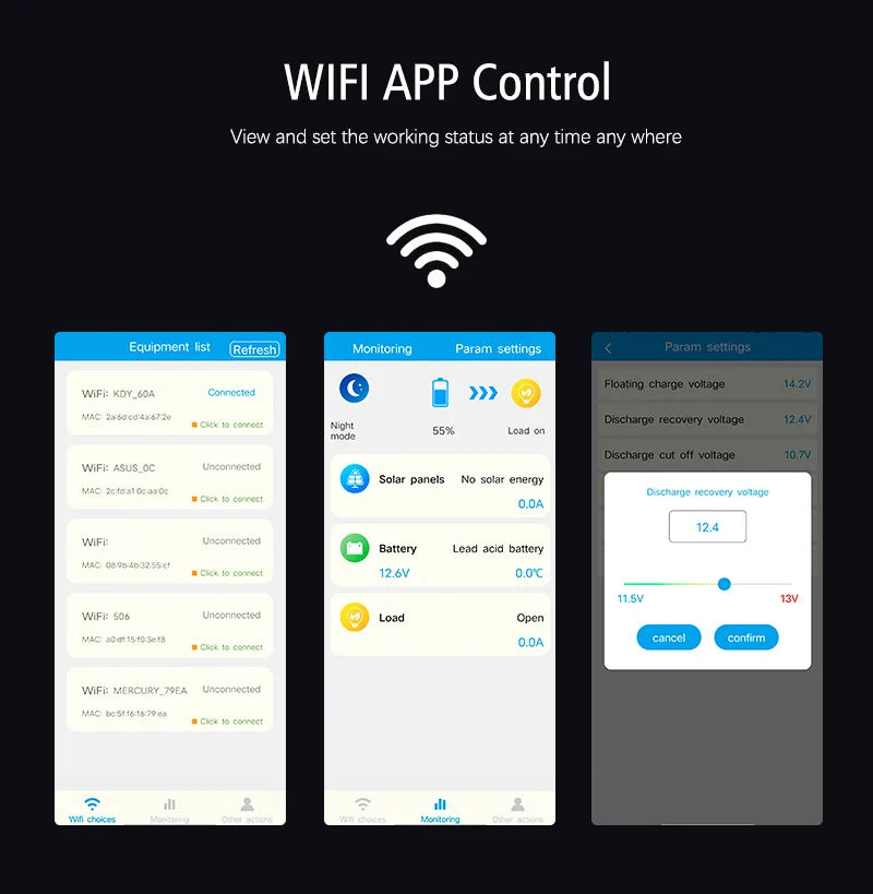 12V 24V 48V 40A 60A Solar Charge Controller, Monitor solar charge controller remotely via WiFi APP, real-time monitoring of status and settings included.